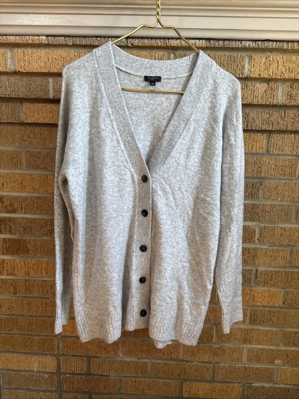 Talbots V-Neck Button Down Long Cardigan Sweater Gray Women Size M Preppy Warm